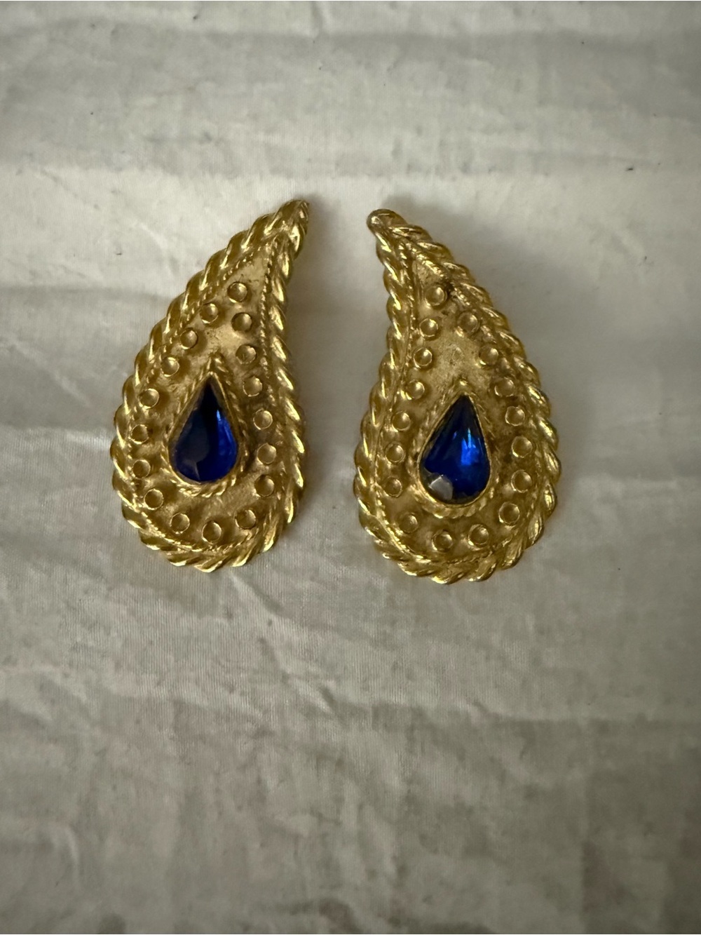 Gold-Tone Teardrop Earrings with Deep Blue Stone